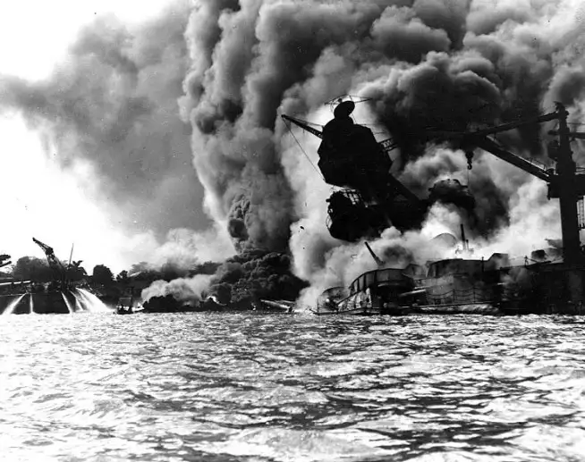 USS Arizona burning after Pearl Harbor attack
