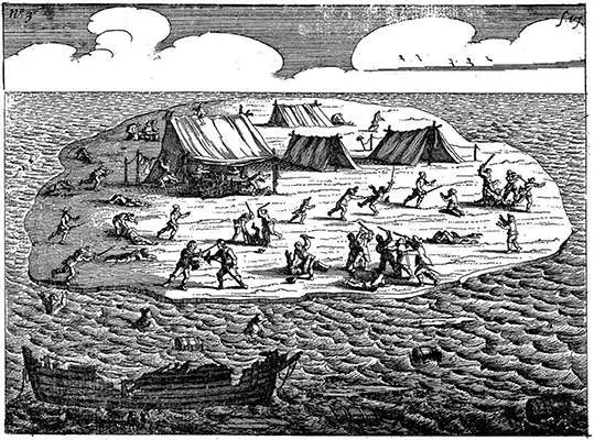 1647年出版的《巴塔维亚号不幸航行》中描绘屠杀场景的历史铜版画