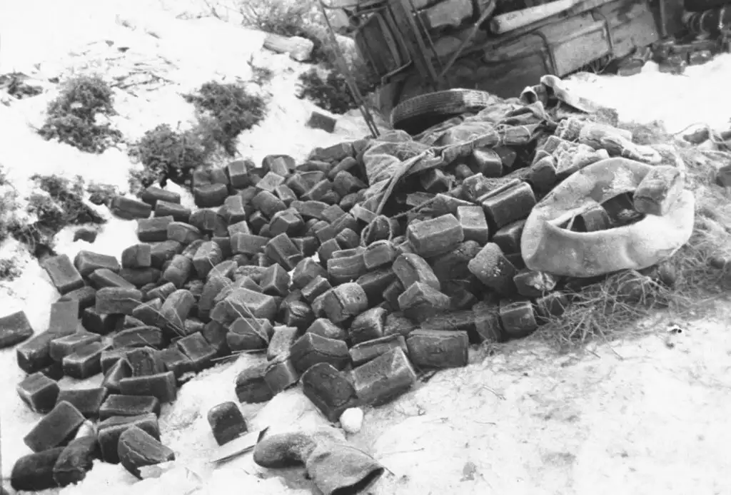 俄军面包散落在芬兰战场上的地面上，1939年12月