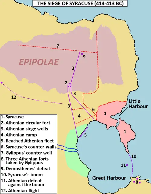 叙拉古围城战示意图，展示雅典军队的包围工事