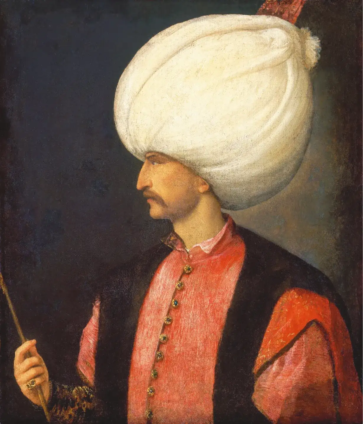 左侧是匈牙利国王路易二世，他在莫哈奇战役中丧生；右侧是奥斯曼苏丹苏莱曼一世，他被称为"大帝"，指挥着当时世界上最高效的军事机器。