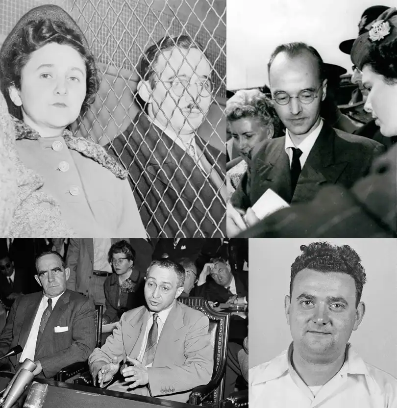 福克斯、戈尔德、罗森堡夫妇和格林格拉斯的档案照片,这四人的案件交织在一起,成为冷战初期最轰动的间谍丑闻