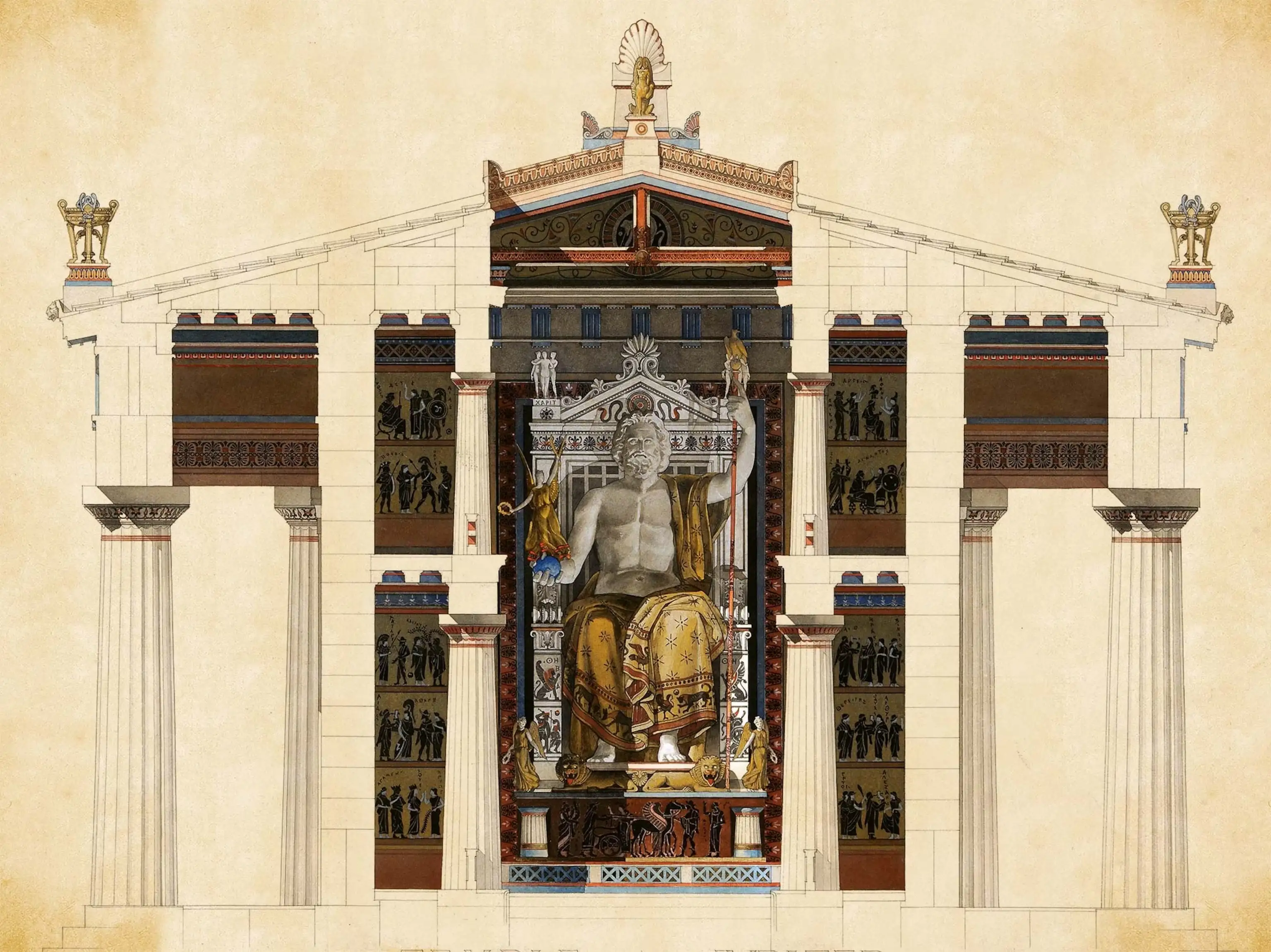 19世纪画家维克多·拉鲁克斯1883年绘制的宙斯神庙内部复原图