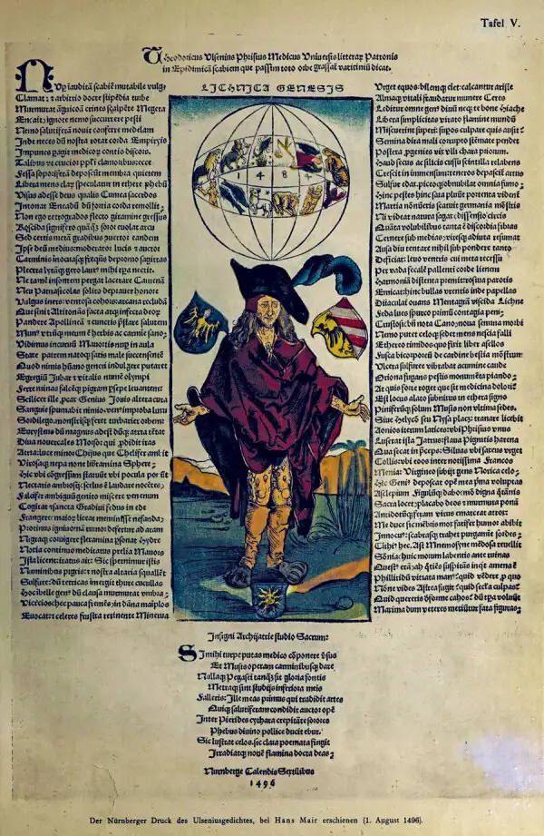 丢勒木刻的完整版本，包含医生乌尔塞纽斯的拉丁文诗篇