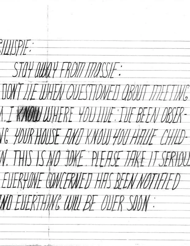 第一封寄给Mary Gillispie的威胁信