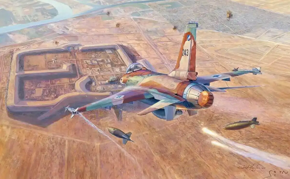 参与巴比伦行动的以色列空军F-16 Netz战机，机鼻绘有核反应堆任务标记