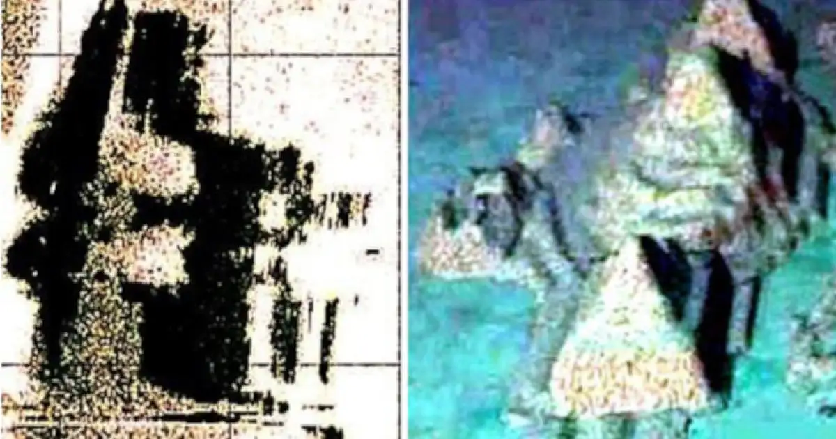 古巴水下城市声纳扫描图像与复原图对比