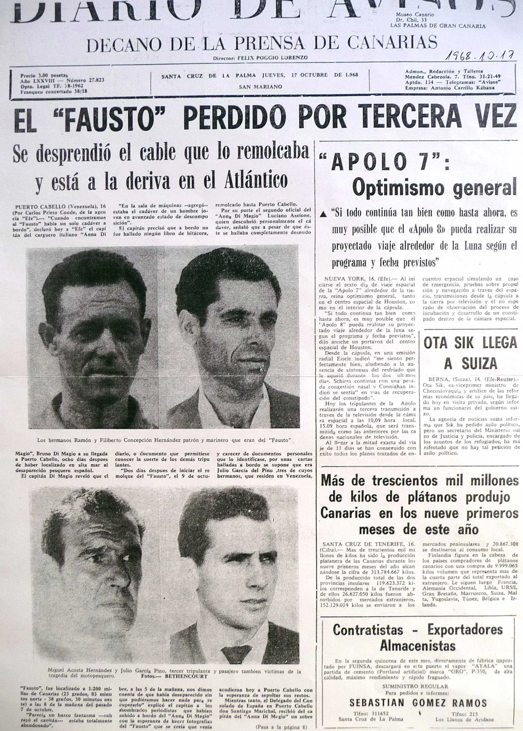 法斯托号失踪的四个人的照片,来自当时的报纸头版