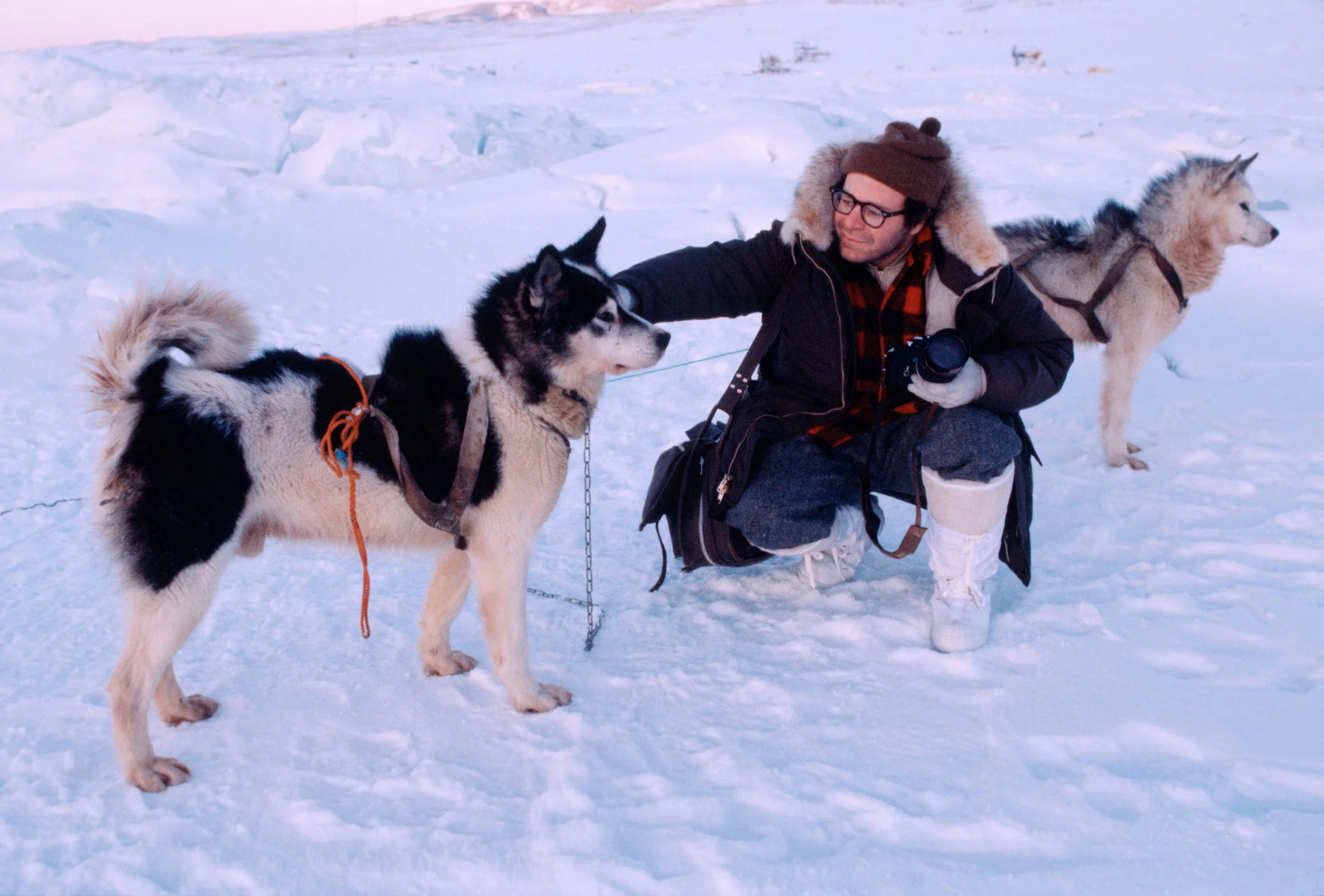 植村直己与他的雪橇犬在北极点探险中，1978年