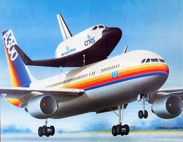 赫尔墨斯航天飞机由改装的空客A300运输的艺术概念图，展示了CNES标志