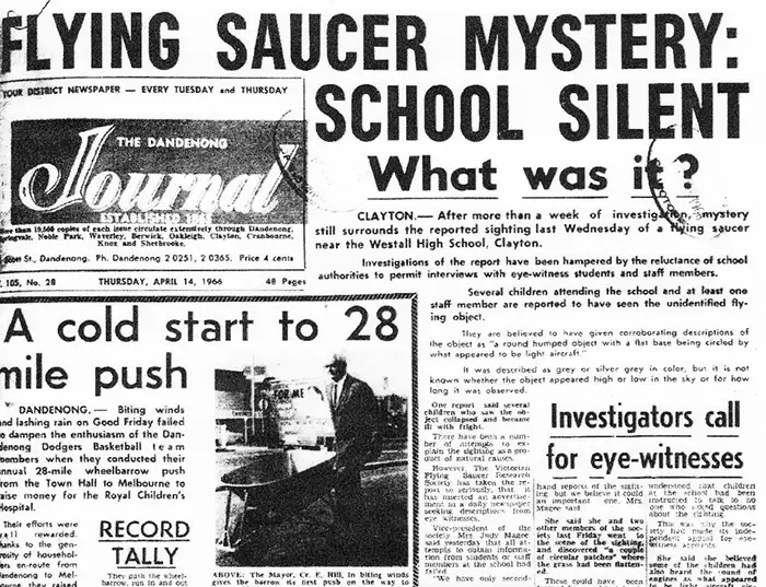 1966年4月14日《丹德农日报》头版,以"飞碟之谜:学校保持沉默"为标题报道 Westall 事件