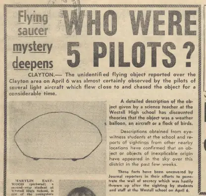 1966年4月21日《丹德农日报》报道,询问"五名飞行员是谁?“并附有学生绘制的飞碟素描