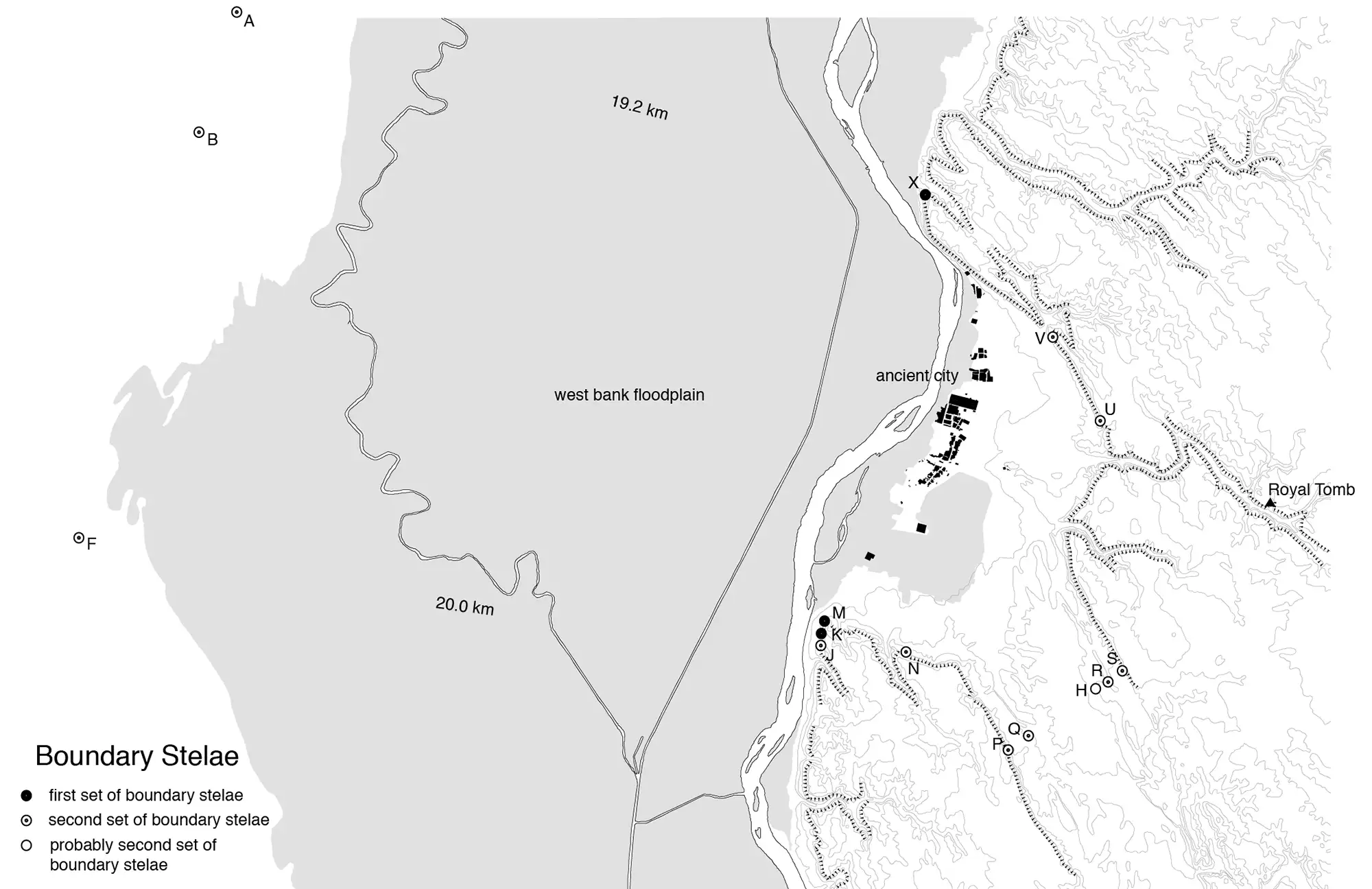 阿玛尔纳边界石碑分布图，展示了环绕城市的十四座石碑位置