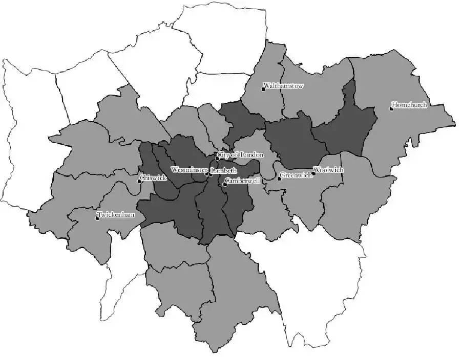 伦敦受雾霾影响最严重地区的地图，颜色越深表示污染越重