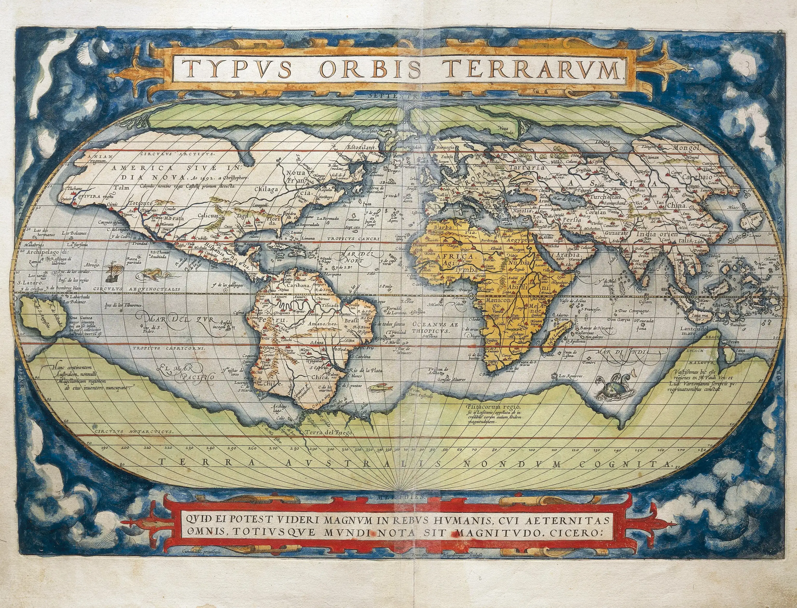 1570年奥特柳乌斯世界地图集《世界剧场》中展示的世界地图，其中包含了许多后来被证实不存在的幽灵岛