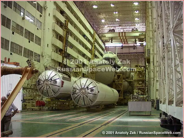 能源号火箭与暴风雪号航天飞机在拜科努尔总装厂房内的历史照片