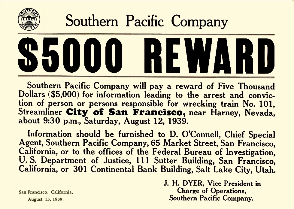 1939年南方太平洋铁路公司发布的悬赏海报