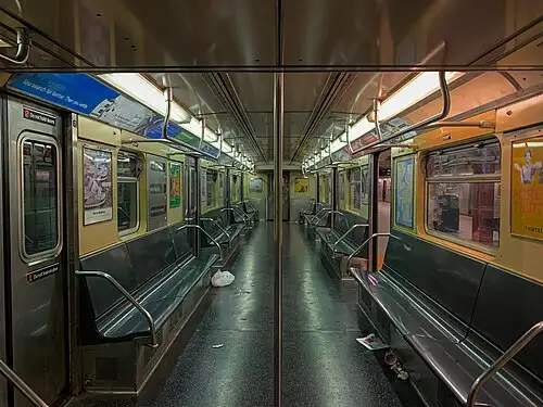 1960年代纽约地铁R32型车厢内部,与1966年测试时使用的车厢相似