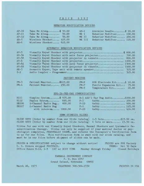 Farrall Instruments公司的产品价格表，包括阴茎膨胀监测器、电击设备等
