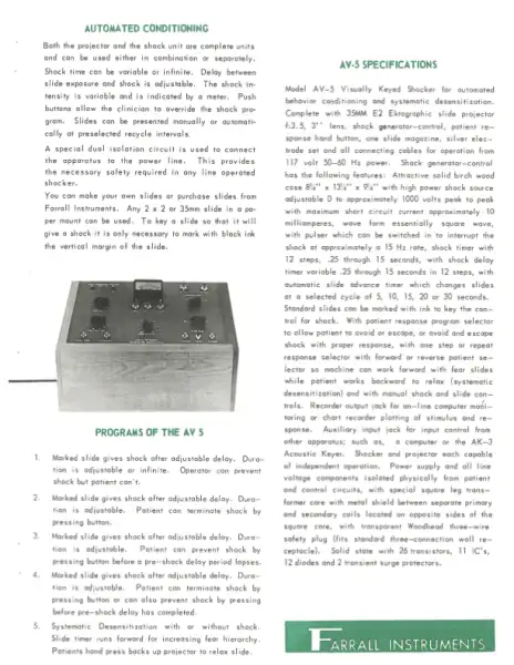 Farrall Instruments公司生产的视觉触发电击设备，用于厌恶疗法