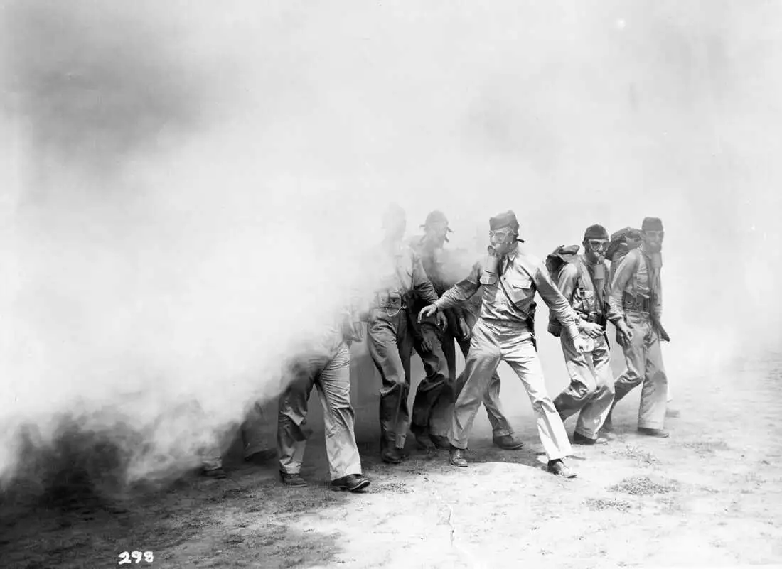 U.S. troops in Panama participate in a chemical warfare training exercise with smoke during World War II