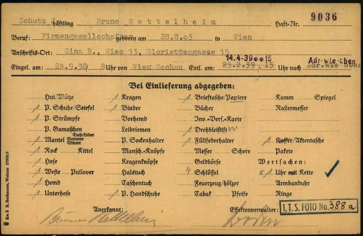 Bruno Bettelheim's Buchenwald concentration camp prisoner card from 1938-1939