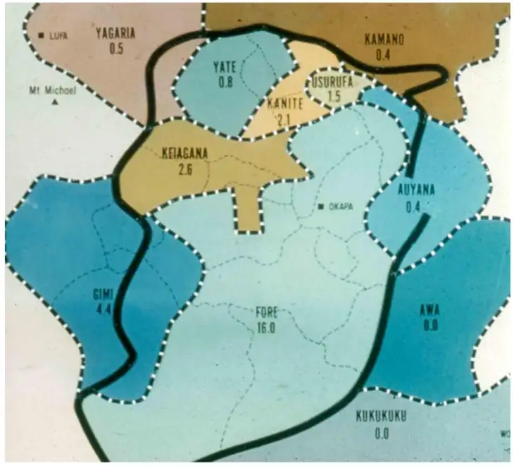 库鲁病流行区域地图，显示巴布亚新几内亚东部高地的弗雷族及周边语言群体中的疾病分布