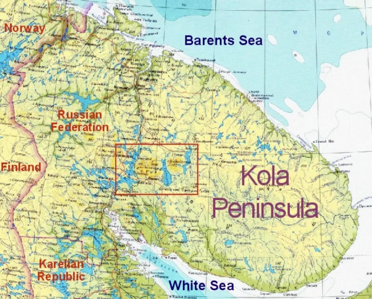 科拉半岛地图，红色标记为1973年悲剧发生地点