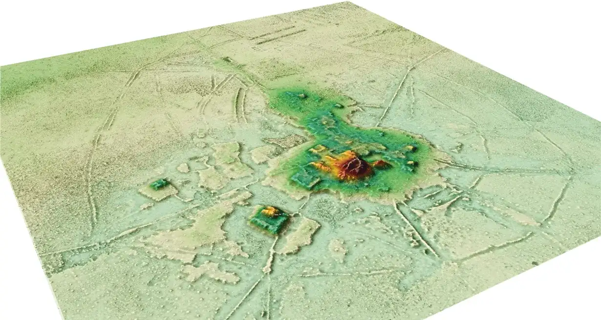 LiDAR扫描揭示的科托卡古城遗址，显示了中心仪式区域和辐射状堤道网络