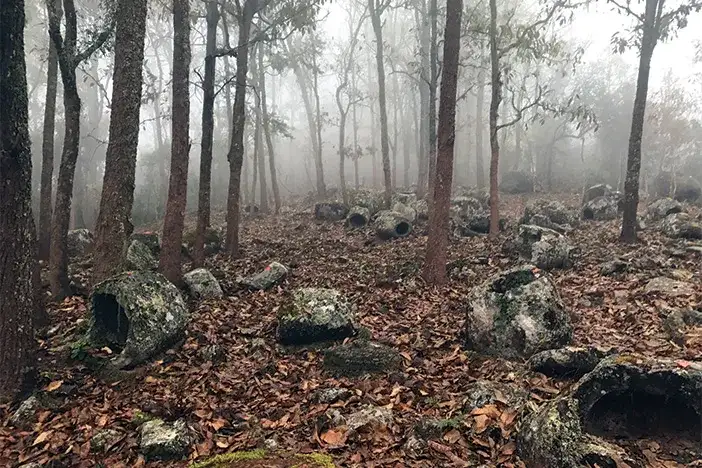 五十二号遗址在雾气缭绕的早晨，石缸散落在森林密布的山脊上