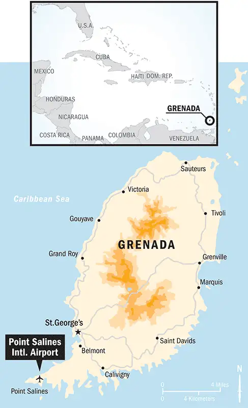 格林纳达战术地图，标注了圣乔治、里士满山监狱和萨利纳斯机场的位置