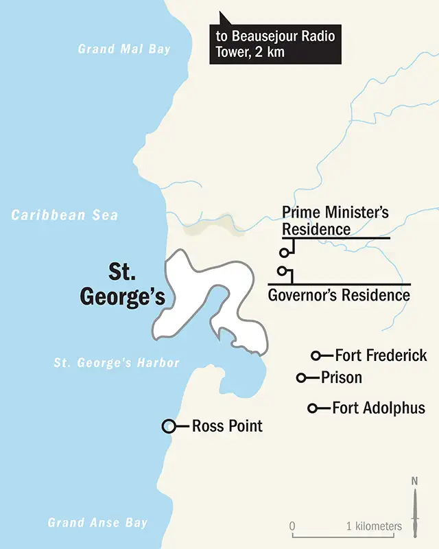 圣乔治市及周边地区详细地图，总督府和里士满山监狱清晰标注