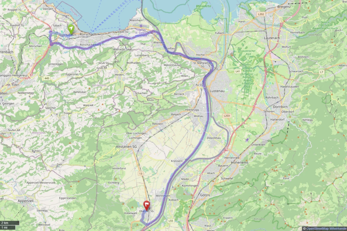 地图显示戈尔达赫（居住地）和奥伯里特/科贝尔维泽（最后目击地点和水晶洞穴附近的发现地点）