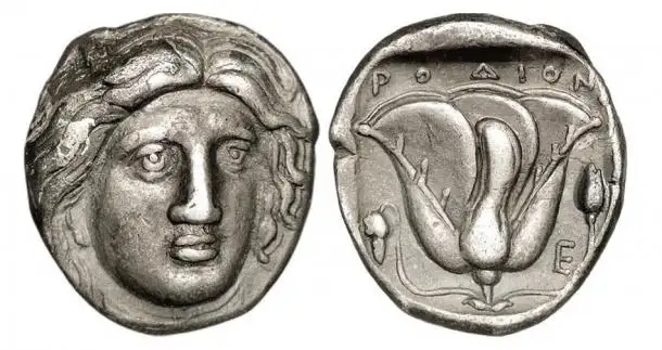 罗德岛银币上的太阳神赫利俄斯头像