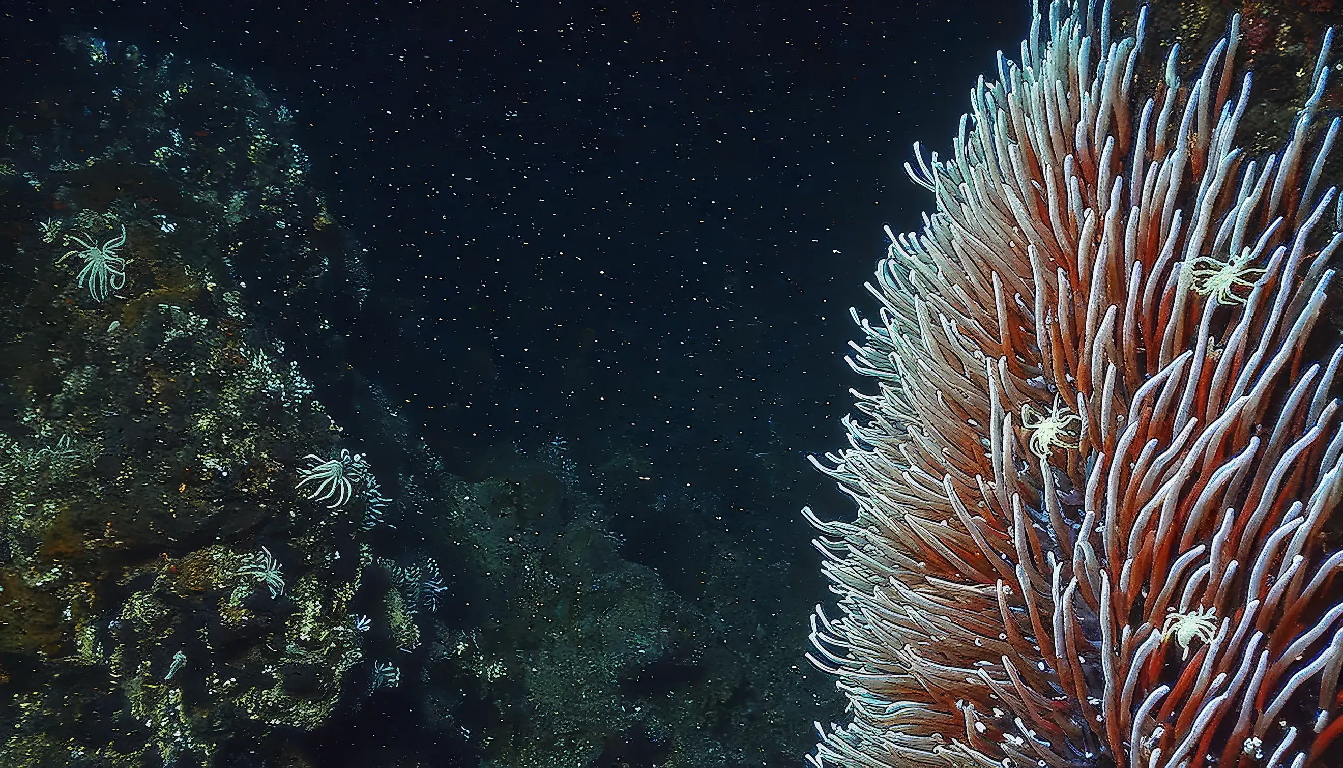 Deep sea view of tube worms in the Mariana Trench