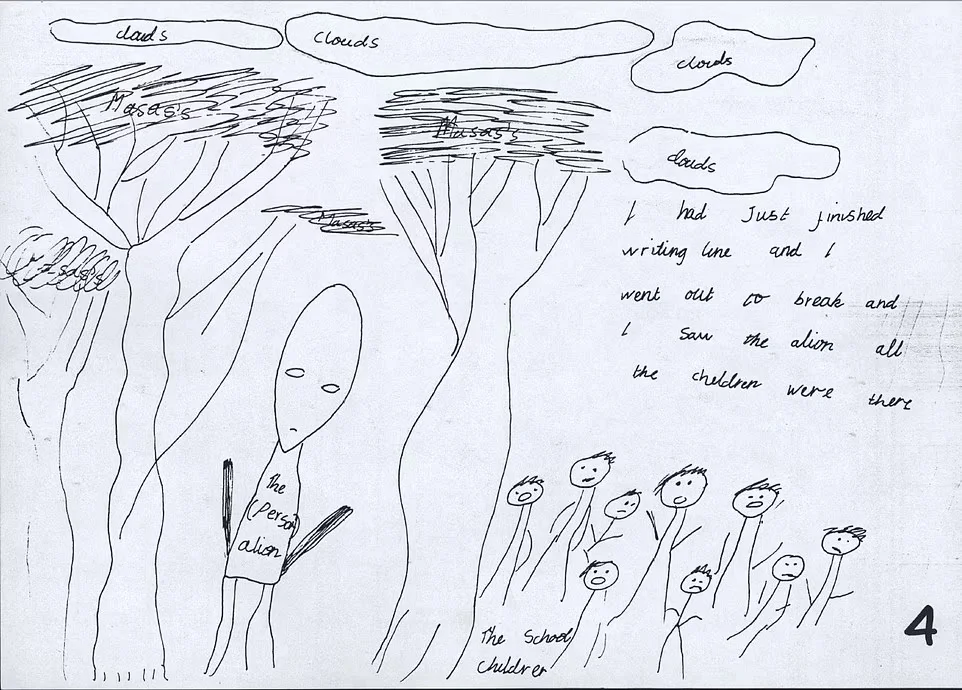 一名学生画的外星人，据称从UFO中走出，站在一群学童面前