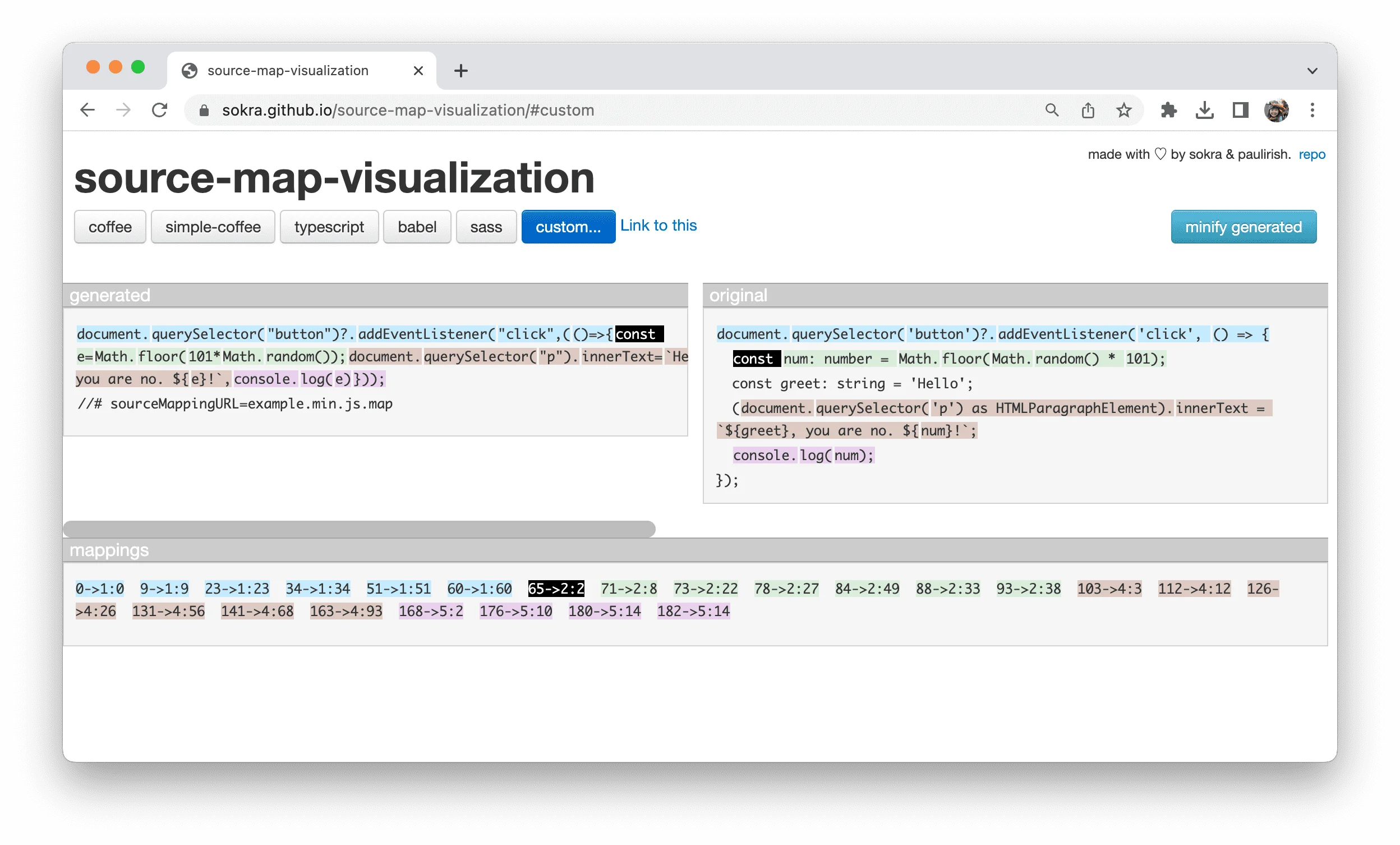 映射条目示例：65 -> 2:2 表示生成代码位置65对应原始代码第2行第2列